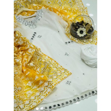 Net Fabric Mirror Work Beautiful White Shirt with Colourful Dupatta