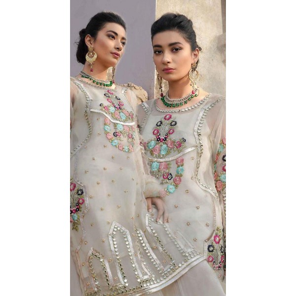 Pure Organza & Plain Crepe White Color Party Wear Embroidered Suit
