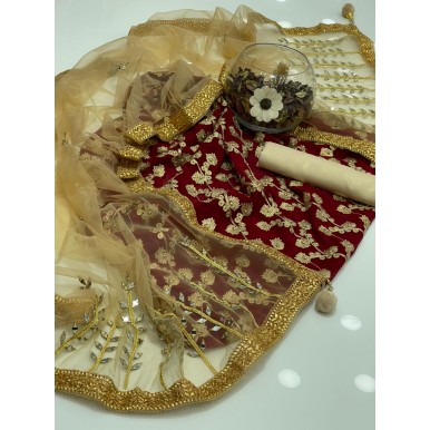 Embroidered Chiffon Dress with Mirror work Net Dopatta