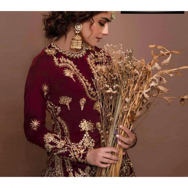 Party wear Embroidered Dress in Maroon Color