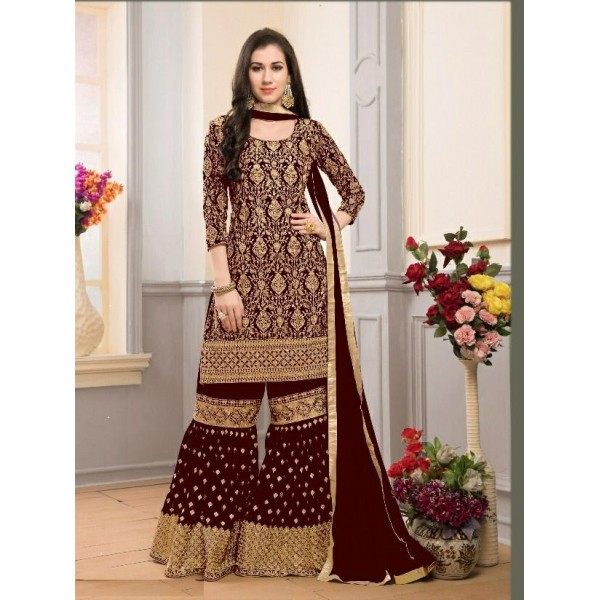 maroon embroidered party wear gown