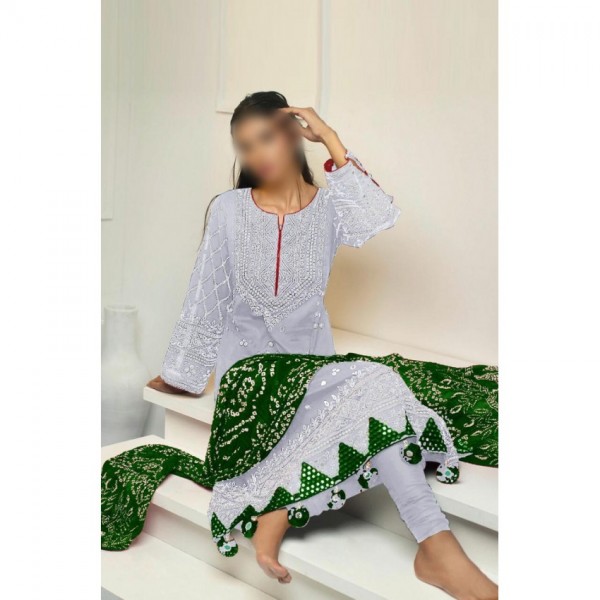 Screen Printed Cotton Dress With Silk Dupatta
