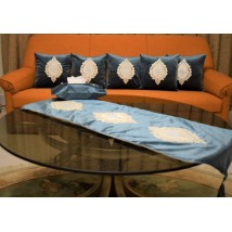 Blue Velvet Cushion Covers Set with1 Large Table Runner and Tissue Box Cover