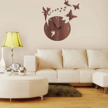 Fairy And Butterflies Wall Clock Wooden And Acrylic Watch DIY Design Decoration Piece Item For Home Living Room And Offices And For Gifts - Brown