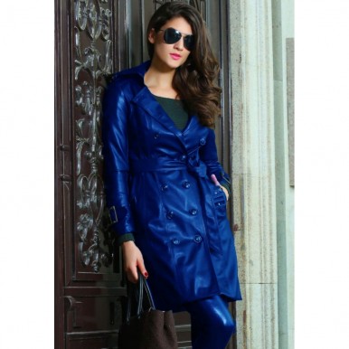 Highstreet Blue Faux Leather Long Coat For Women.