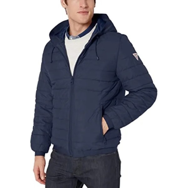 Men's Blue Puffer Jacket with Hood Buyon.pk