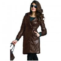 Moncler Brown Leather Long Coat For Women