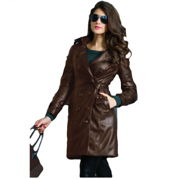 Moncler Brown Leather Long Coat For Women - Buyon.pk