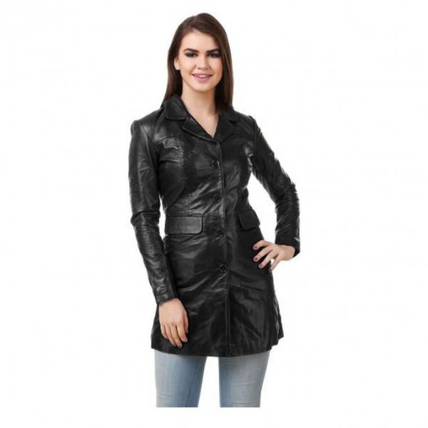 Black Leather Long coat For Women