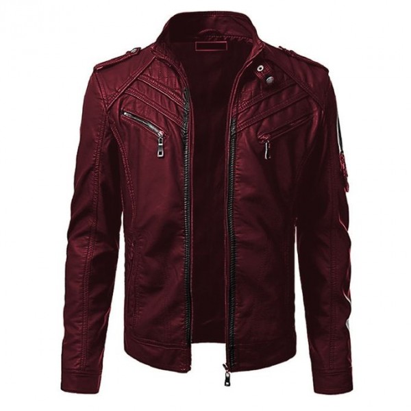 Front Pocket Highstreet Faux Leather Jacket for Men in Maroon