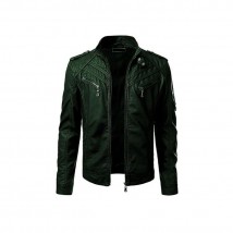 Front Pocket Leather Jacket For Men In Green