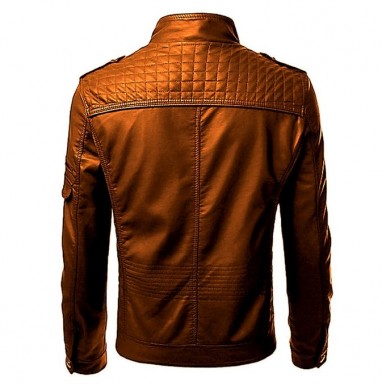 Front Pocket Leather Jacket For Men In Mustard Color