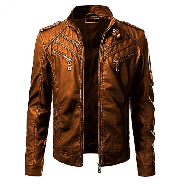 Front Pocket Leather Jacket For Men In Mustard Color