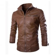 Faux Leather Jacket For Men with High Collar in Brown Colour