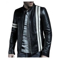 Black Faux Leather Jacket with Twin Stripe