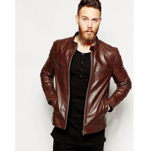 Choco Brown Leather Jacket With 4 Front Pockets