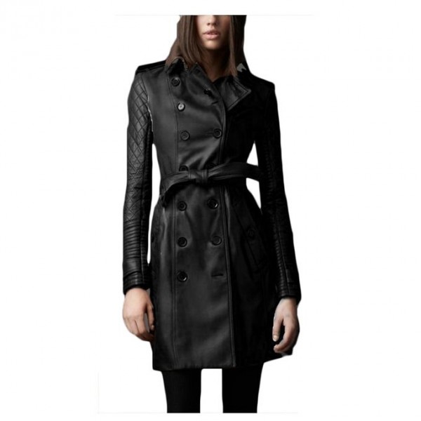 Moncler Black Leather Long Coat For Women