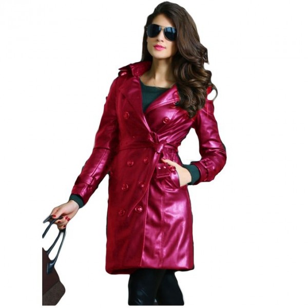 Moncler Maroon Leather Long Coat For Women