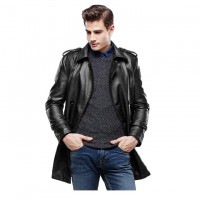 Black Leather Long Coat For Men by Moncler