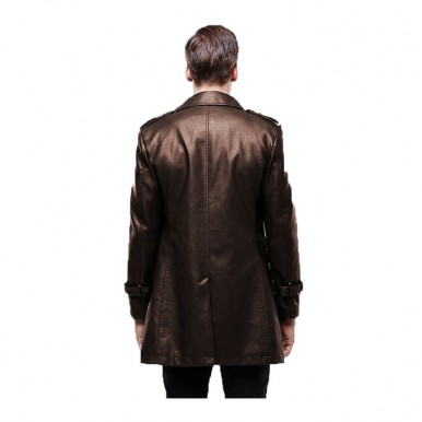 Moncler Brown Leather Long Coat For Men