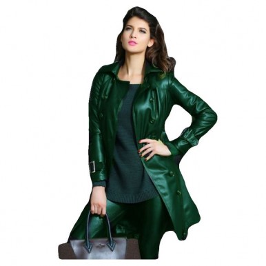 Moncler Green Leather Long Coat For Women