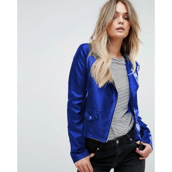 Moncler Highstreet Blue Faux Leather Jacket For Women in Electric Blue Colour