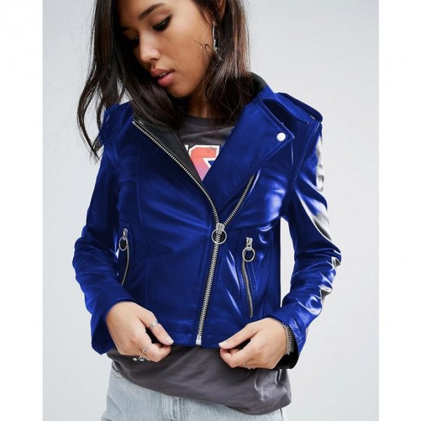 Electric Blue Moncler Highstreet Blue Faux Leather Jacket For Women