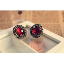 Red Stone Oval Carved Pattern Ear Studs