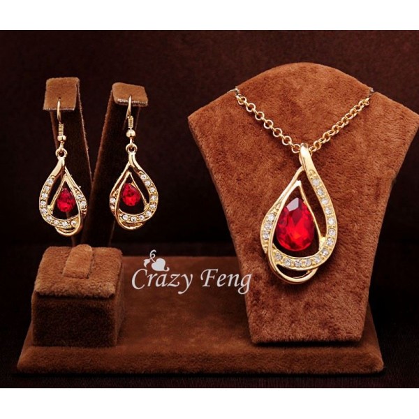18k Gold Filled Red Ruby Necklace and Earrings