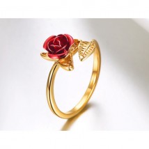 Red Rose Flower Leaves Resizable Ring