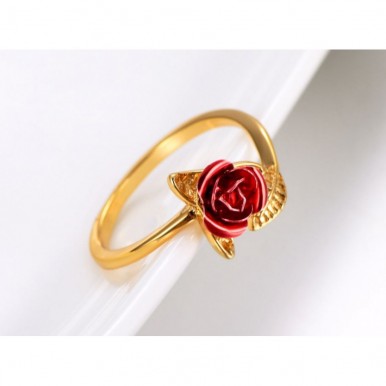 Red Rose Flower Leaves Resizable Ring