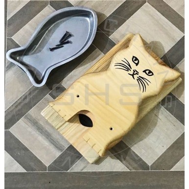 Cat Feeding Stand with Stainless Steel Fish Shaped Bowl