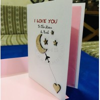 I love you to teh Moon and Back Greeting Card with Laser Cut wooden Moon, Heart and star