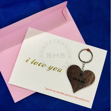 I Love you with Personalised Wooden Heart Name Keychain