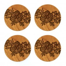 Sheesham Wood Laser Engraved Flowes Coaster - 4 Pcs