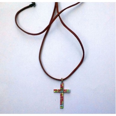 Multi Shaded Rhinestone Crucifix Necklace