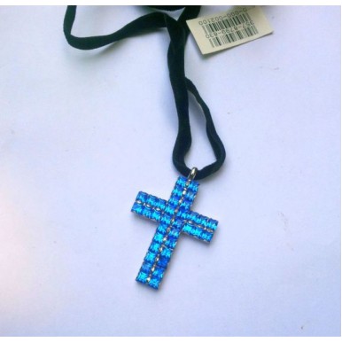 Double Blue Square Rhinestones Cross Necklace