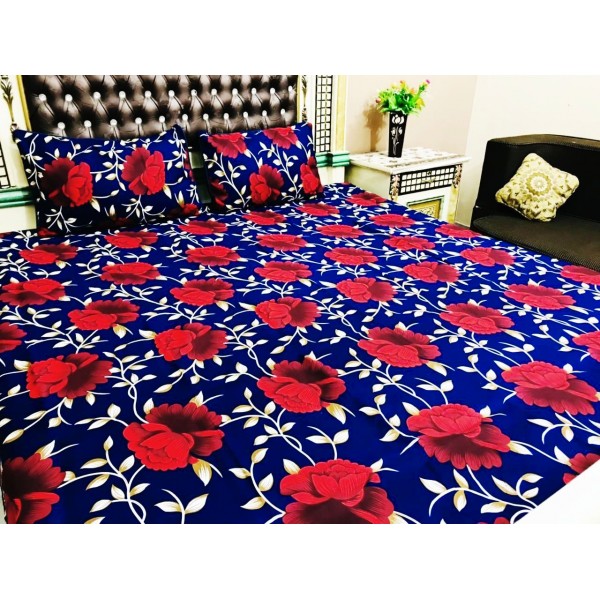 Blue Printed Bedsheet King Size Double Bed Bedsheets with 2 Pillow Cover