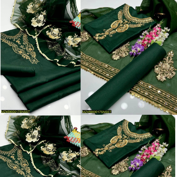 14 August 3 Pcs Women Unstitched Organza Embroidered Suit.