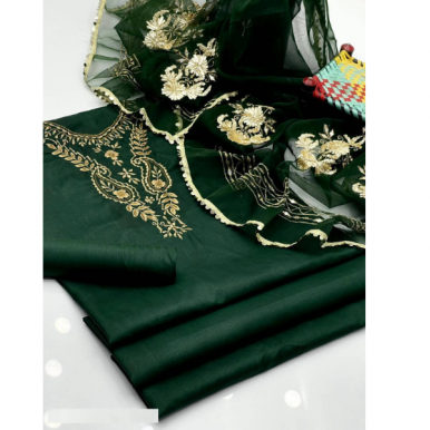 14 August 3 Pcs Women Unstitched Organza Embroidered Suit.