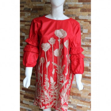 Red Colour Ladies Readymade Designer Embroidered Lawn Kurti