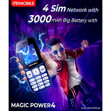 Memobile Magic Power 4, 4 Sims Slot, 4 Active Sims, PTA Approved, 15 Months Brand Warranty, 3000mAH Powerful Battery, 1.8 Inch Colorful Bright HD Display, Auto Call recording, Wireless FM Radio