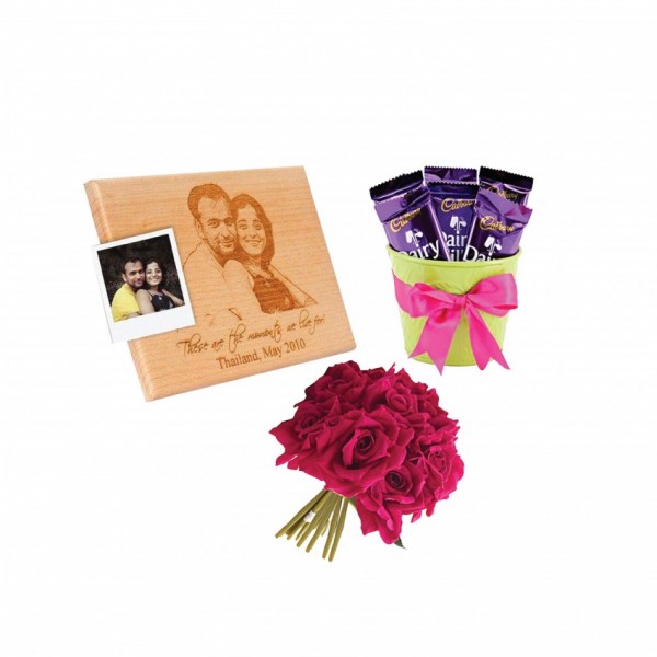 Personalized Picture Frame with 3 Chocolates and 5artificial Red Roses