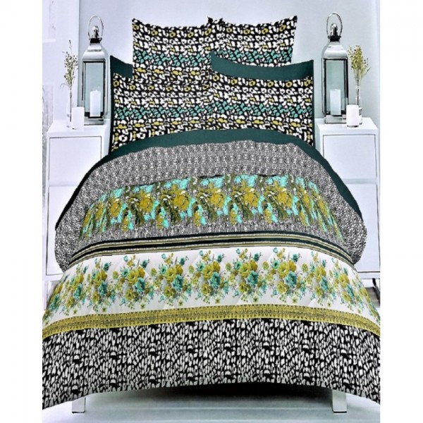 Black and Green Cotton Printed King Size BedSheet with 2 Pillow Covers