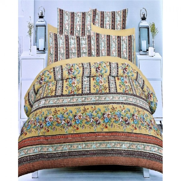 Orange Brown and Yellow Cotton Printed King Size BedSheet with 2 Pillow Covers