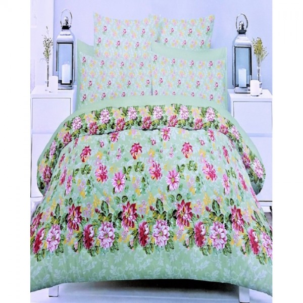 Pink and Light Green Cotton King Size BedSheet with 2 Pillow Covers