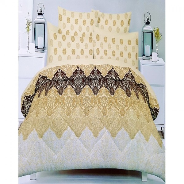 Golden and Brown Cotton Printed King Size Bed Sheet with 2 Pillow Covers