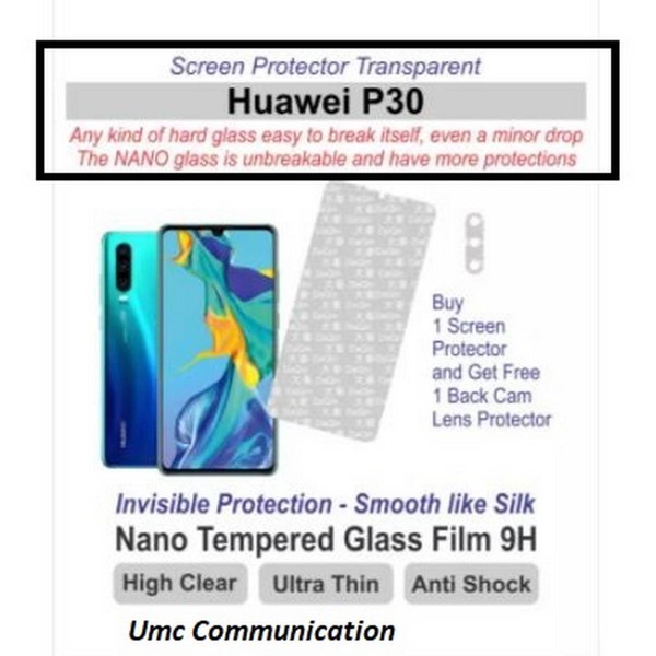 Huawei P30 - Screen Protector - Best Material - Nano Glass Flexible - with 2 back cam lens protectors