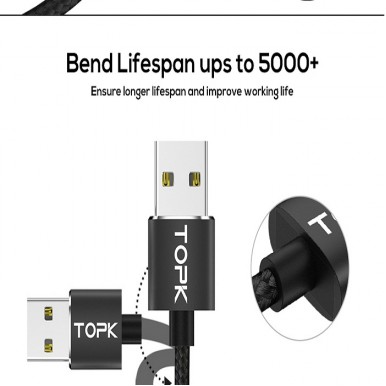 TOPK L-Line 1m 90 Degree L Type Magnetic Cable Micro USB Nylon Braided LED Indicator Micro USB Cable For USB Devices