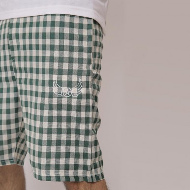 Green White Checkered Print Cotton Shorts For Men